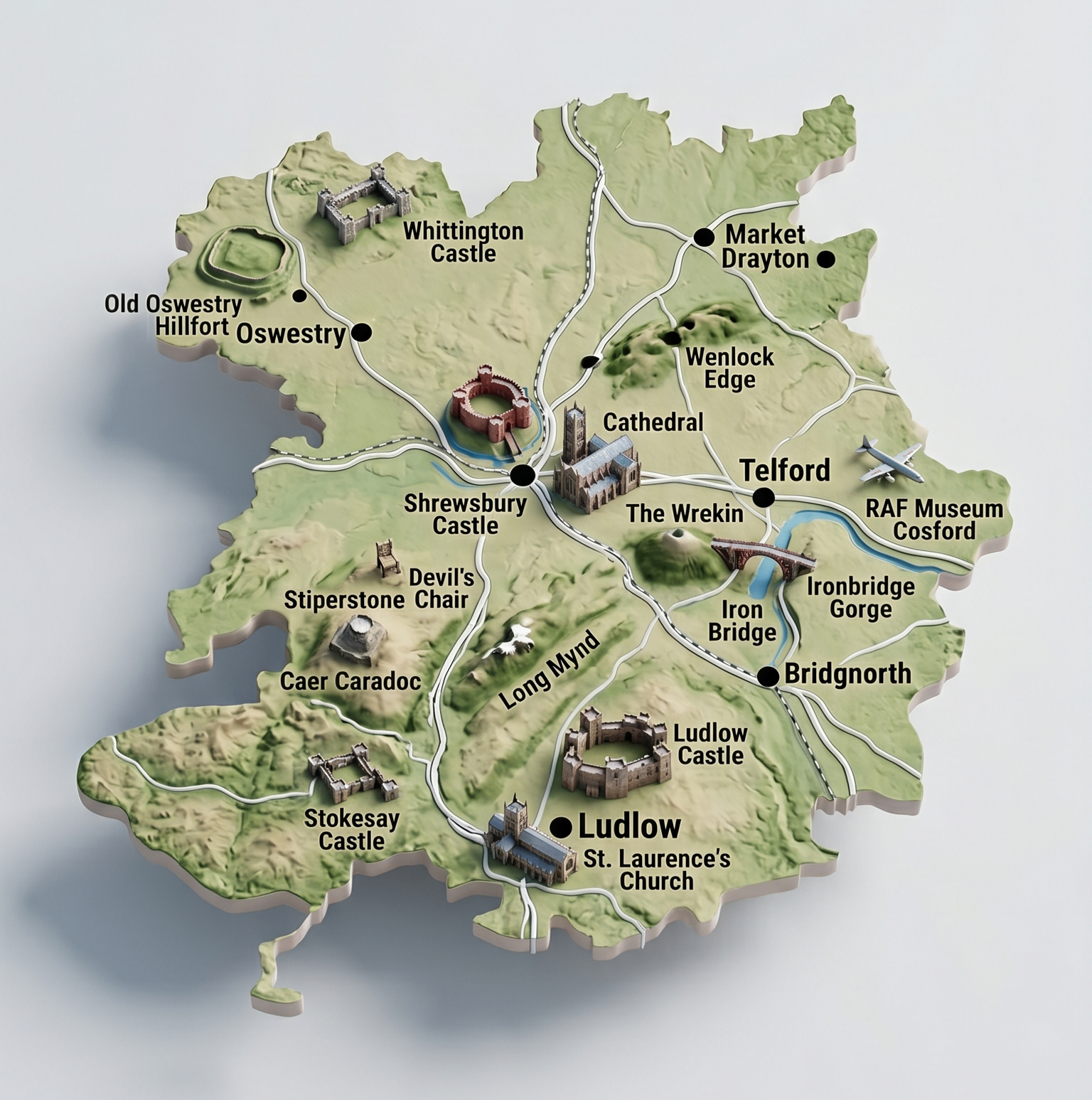 Map of Shropshire showing areas covered by Shire Conservatories including Shrewsbury, Telford, Oswestry, Ludlow and Market Drayton